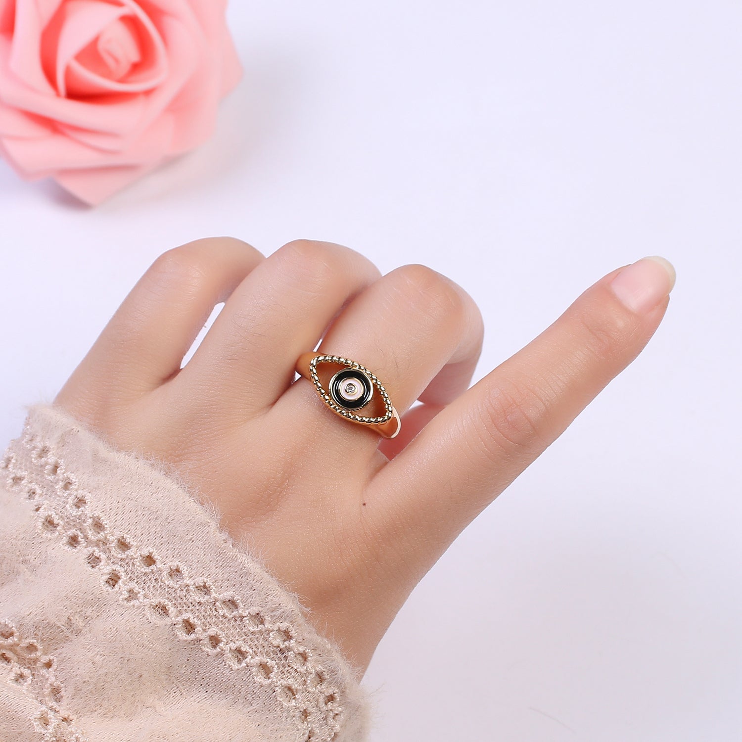 24K Gold Filled Blue, White, Black, Pink Enamel CZ Open Evil Eye Signet Ring | U254 - U257