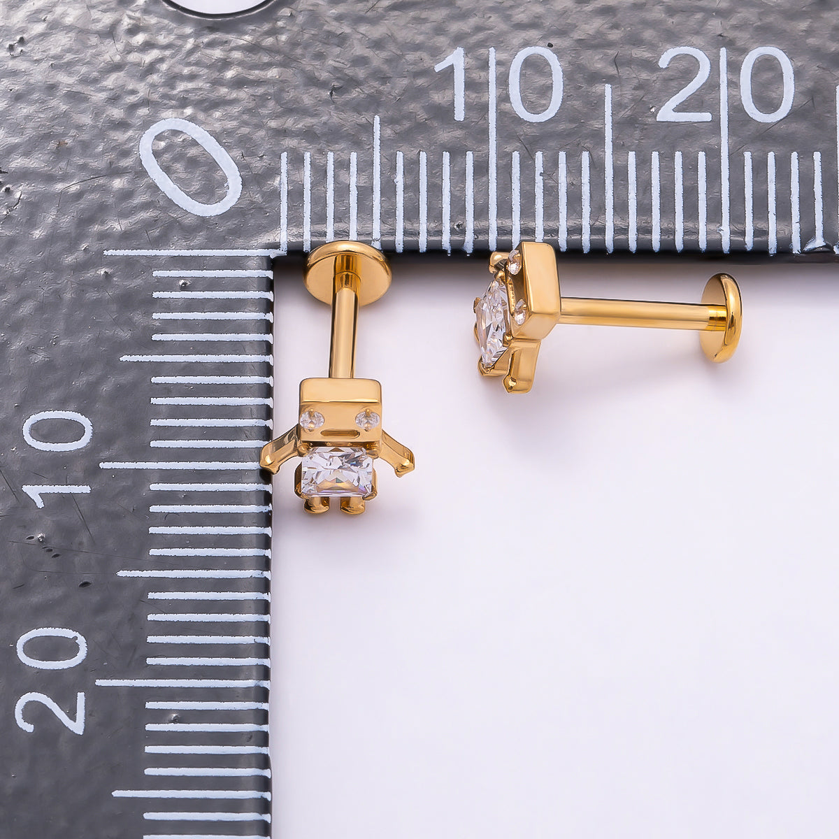 24K Gold Filled Clear CZ Robot Cartilage Piercing Flat Back Stud in Gold & Silver | Findings-00275 Findings-00276