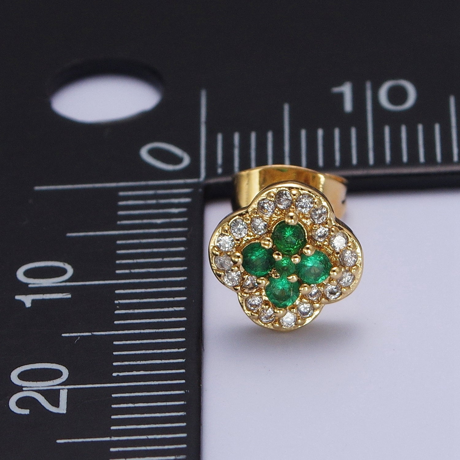 24K Gold Filled Micro Pave Green & Clear Cubic Zirconia Lucky Clover Leaf Stud Earrings | AD-512