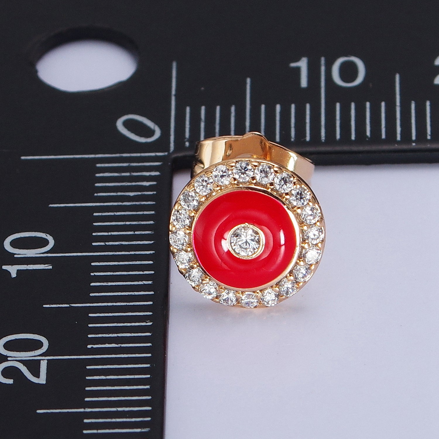 18K Gold Filled 10mm Black, Red, White Enamel Micro Paved CZ Round Stud Earrings | AB290 - AB292