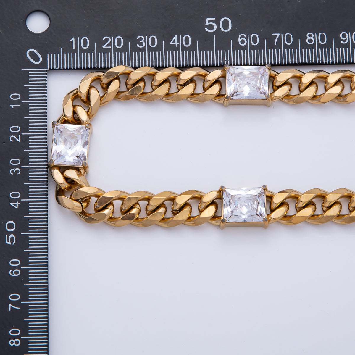 18K Gold PVD Stainless Steel 12mm Clear CZ Baguette Curb Chain 18 Inch Necklace in Gold & Silver | WA-3941 WA-3942
