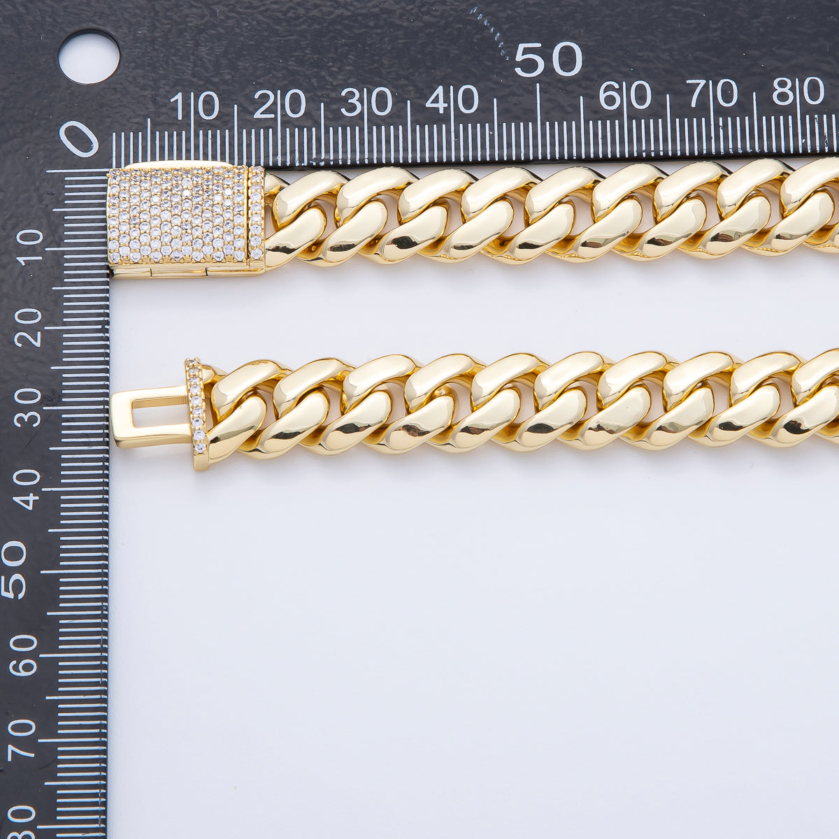18K Gold Filled 12mm Curb Chain Micro Paved Clasps 17.3 , 17.7 Inch Necklace | WA-3945