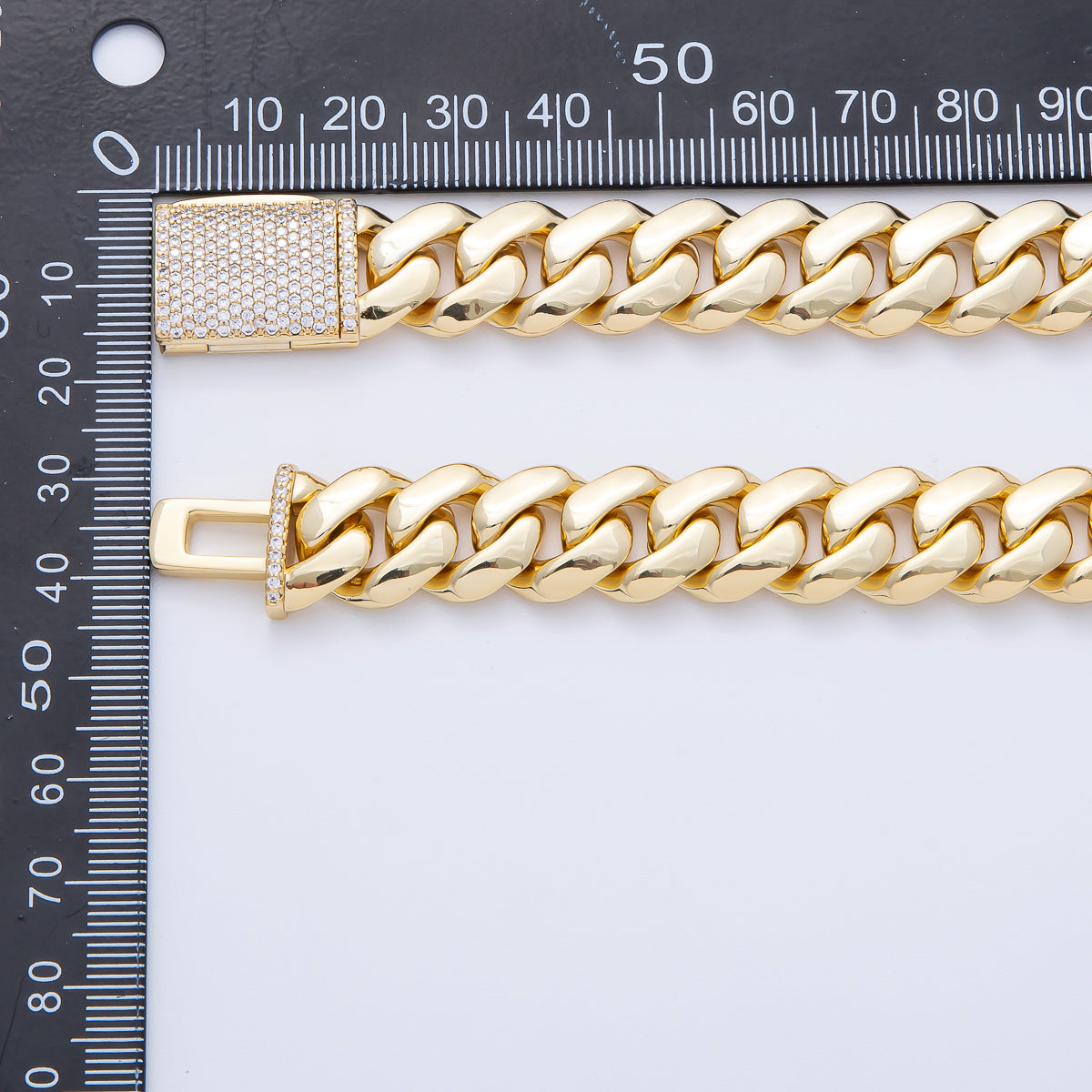 18K Gold Filled 12mm Curb Chain Micro Paved Clasps 17.3 , 17.7 Inch Necklace | WA-3945