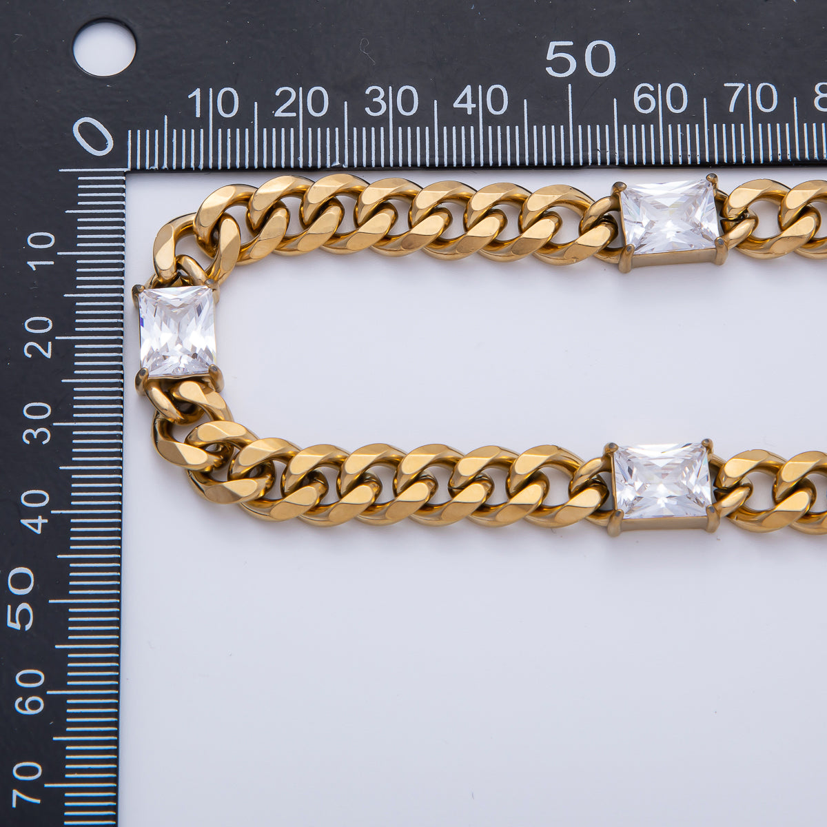 Stainless Steel 9.5mm Clear CZ Baguette Curb Chain 18 Inch Necklace in Gold & Silver | WA-3943 WA-3944