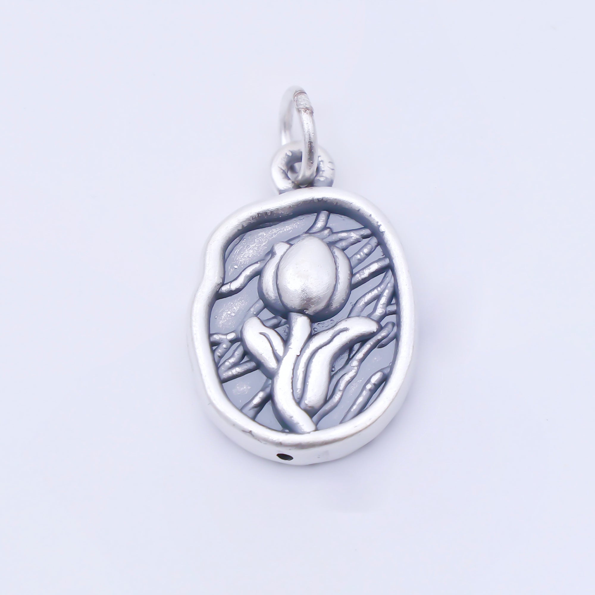 S925 Sterling Silver 20mm Rose Flower Textured Oval Charm | SL-703