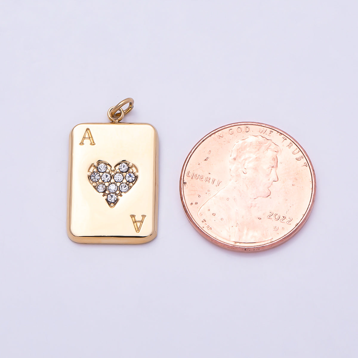 PVD Gold Stainless Steel 20mm Micro Paved CZ Ace of Heart Game Card Charm | Charms-01028