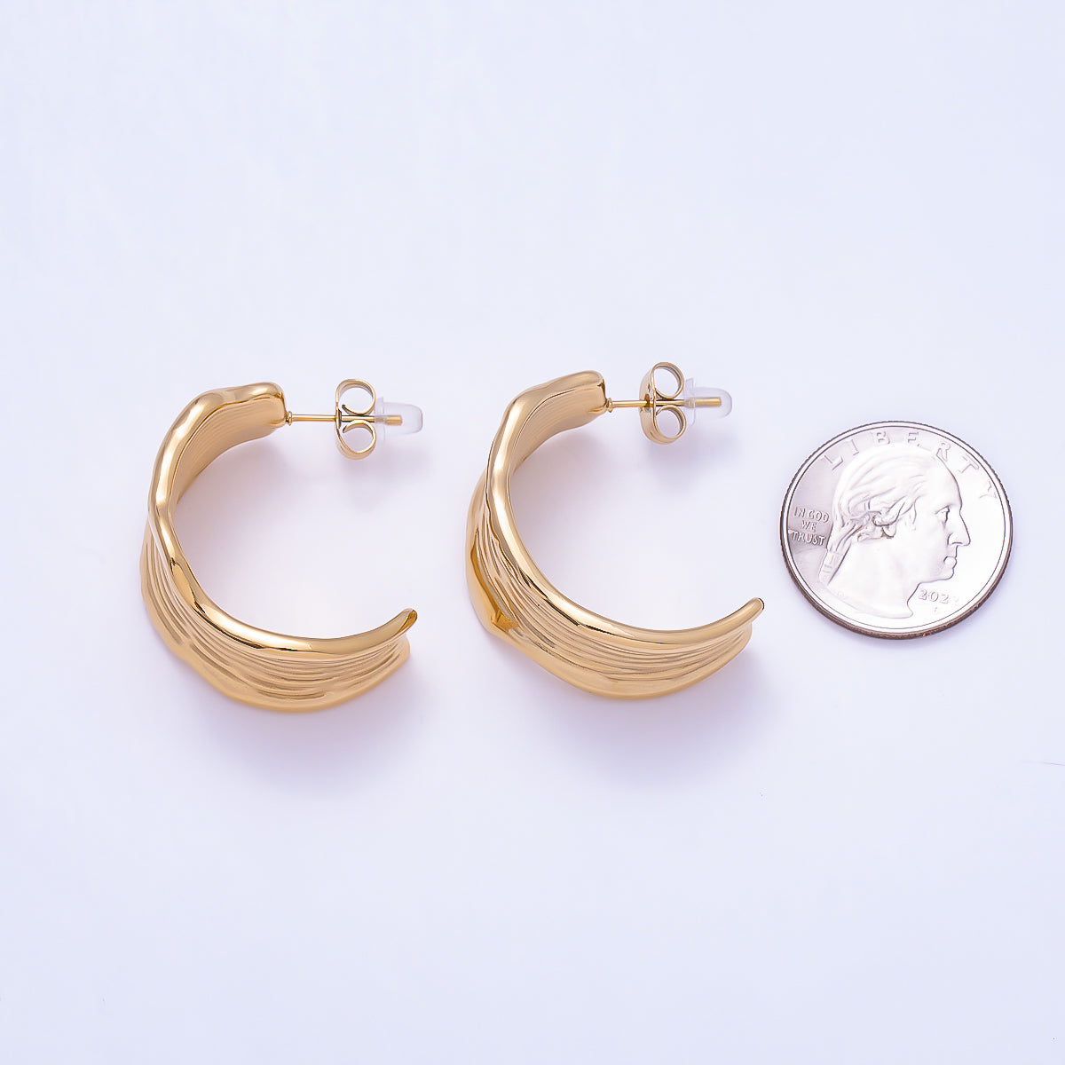 Stainless Steel 32mm Lined Molten Wave Wide C-Shaped Hoop | Earrings-00739