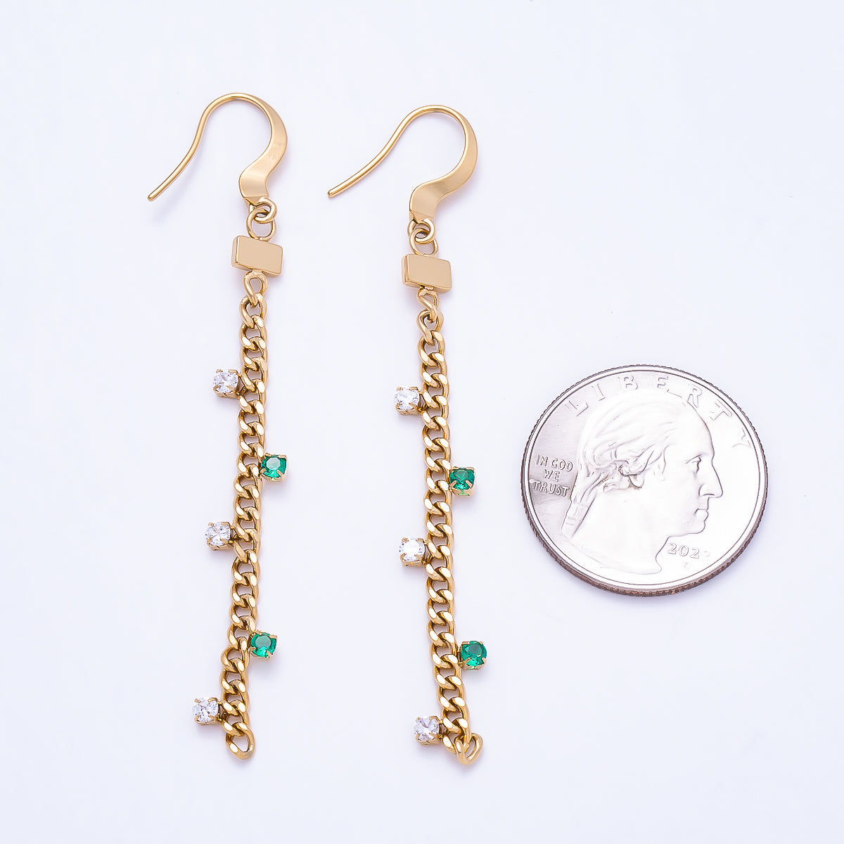 Stainless Steel 70mm Clear Green CZ Curb Chain Drop Fish Hook Earrings | Earrings-00755