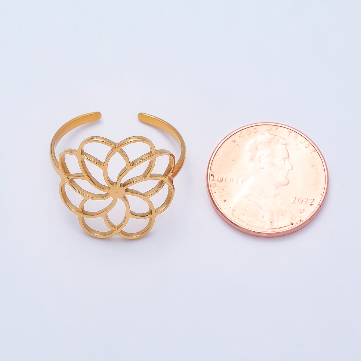 PVD Gold Stainless Steel Open Minimalist Flower Statement Ring | Rings-00323