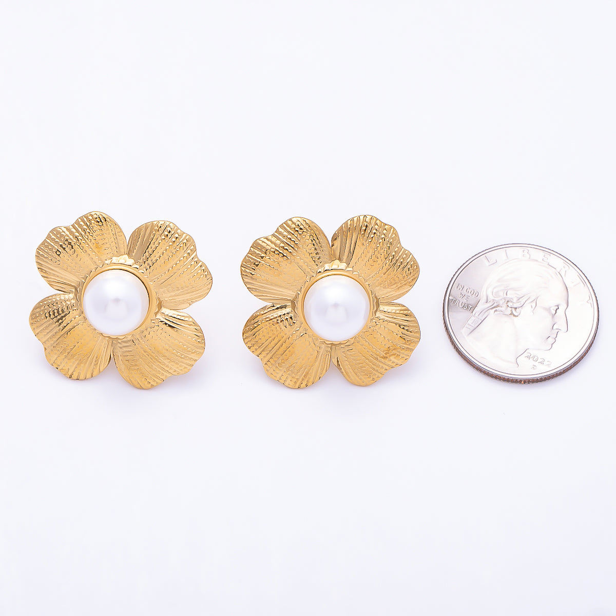 Stainless Steel Gold PVD 30mm Shell Pearl Dotted Textured Flower Stud | Earrings-00733
