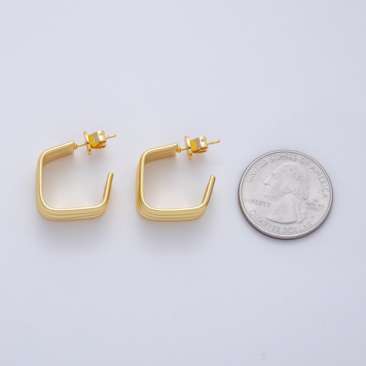 18K Gold Filled 20mm Triple Band Square C-Shaped Hoop Earrings | AD1644