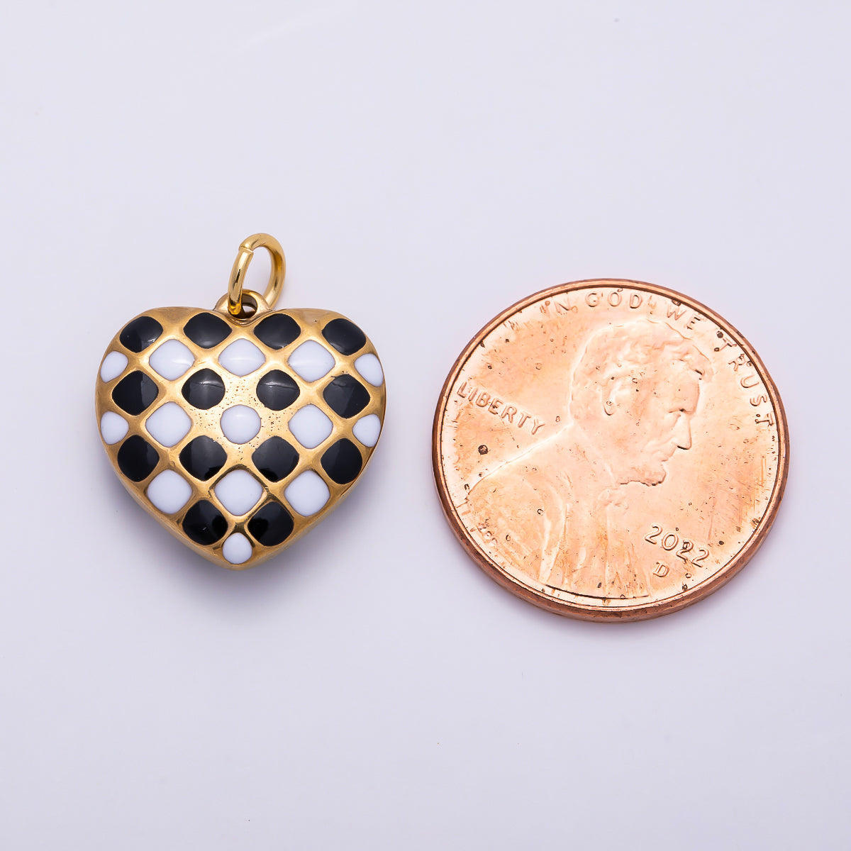 PVD Gold Stainless Steel 16mm Black & White Checkered Enamel Heart Charm | Charms-01428