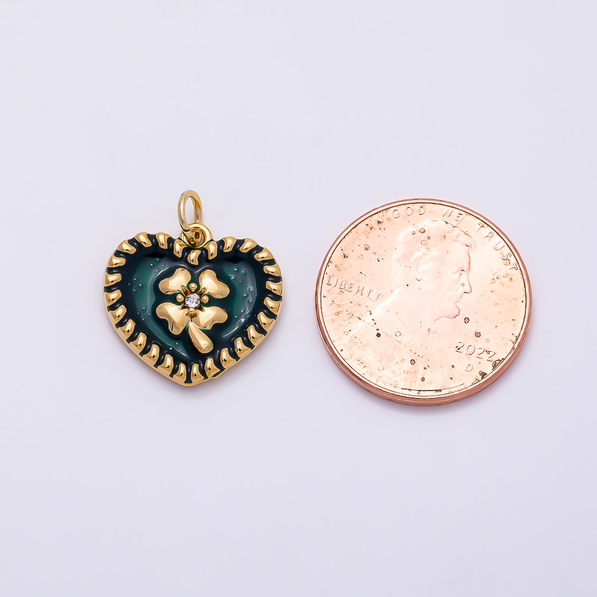 PVD Gold Stainless Steel 16mm Clear CZ Green Enamel Clover Heart Charm | Charms-01327