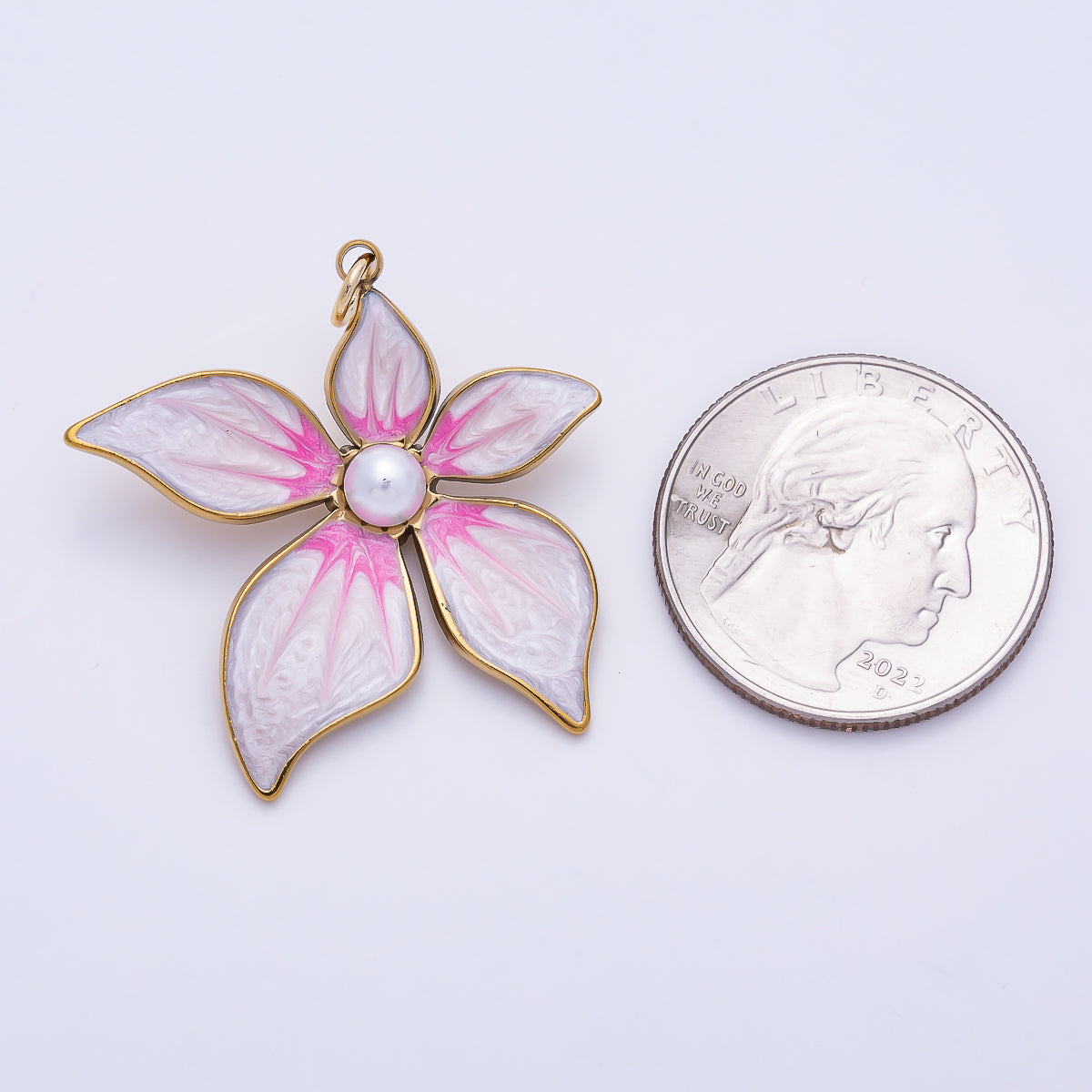 18K Gold Filled 32mm Shell Pearl Pink Enamel Flower Charm | Charms-01432
