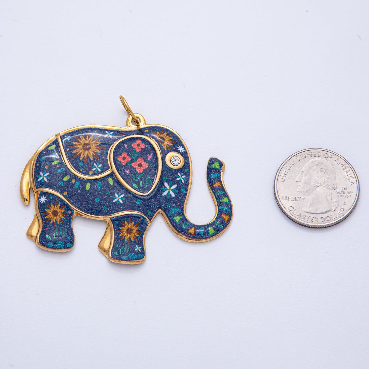 Stainless Steel 46mm Blue Flower Enamel CZ Elephant Statement Charm | J898