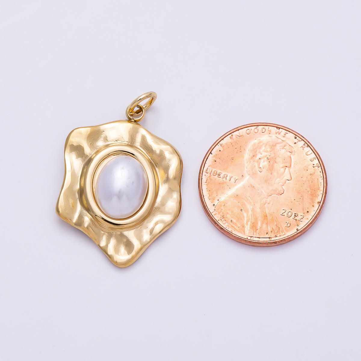 PVD Gold Stainless Steel 25mm Shell Pearl Cabochon Molten Charm | Charms-01440