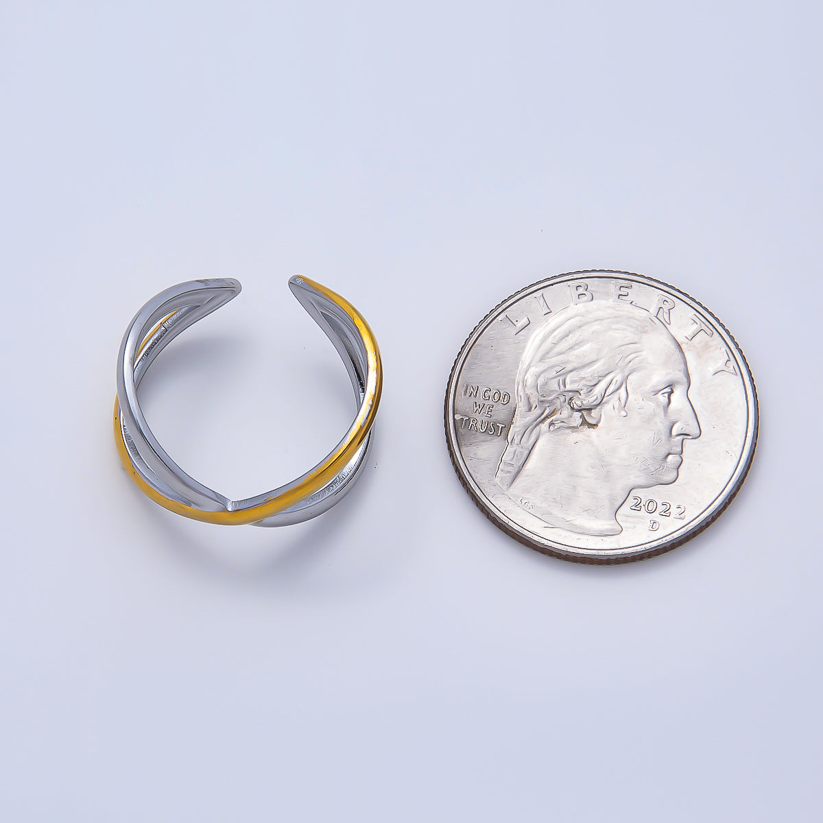 Stainless Steel Minimalist Mixed Metal X Crossed Double Band Ring | Rings-00176