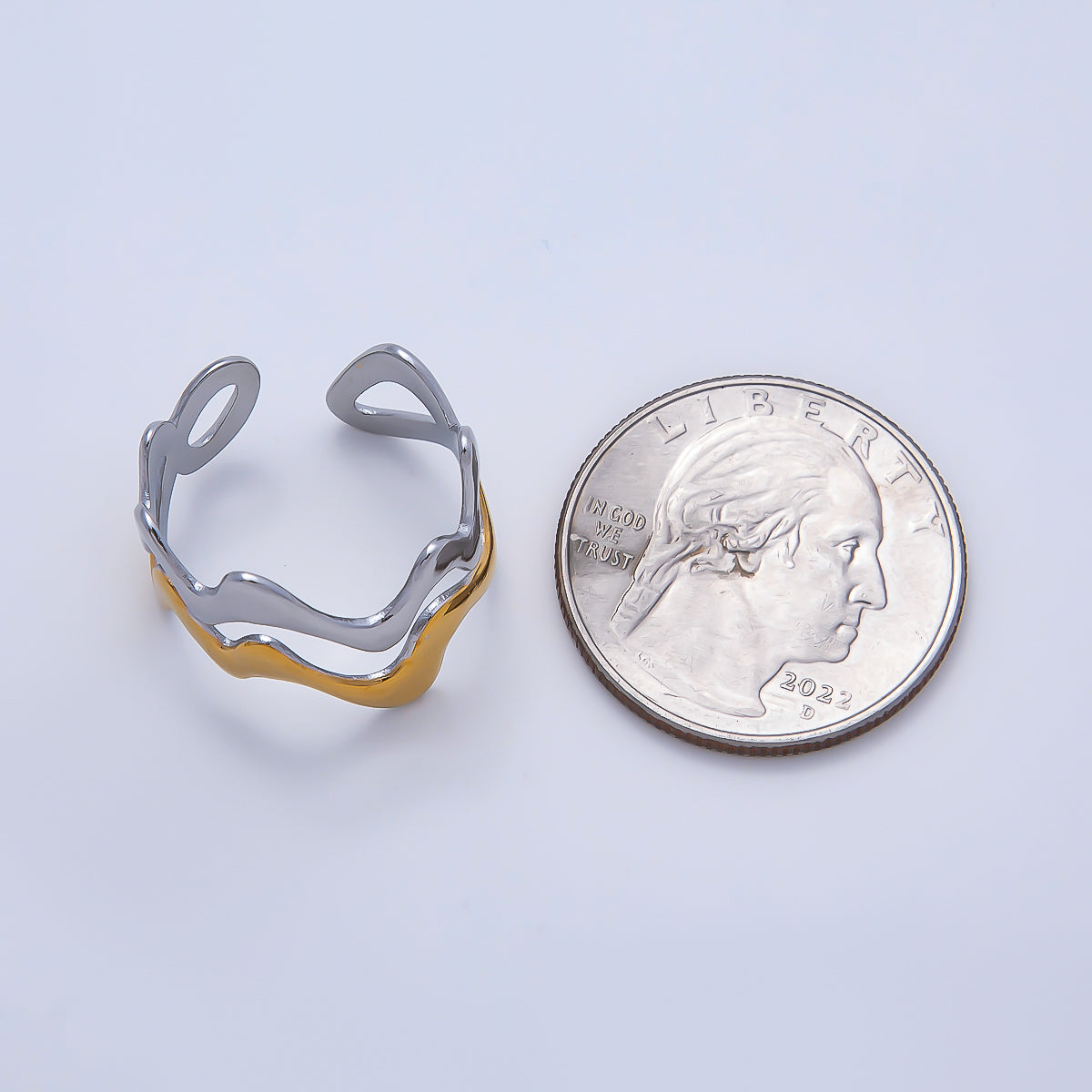 Stainless Steel Mixed Metal Geometric Curve Wave Double Band Ring | Rings-00191
