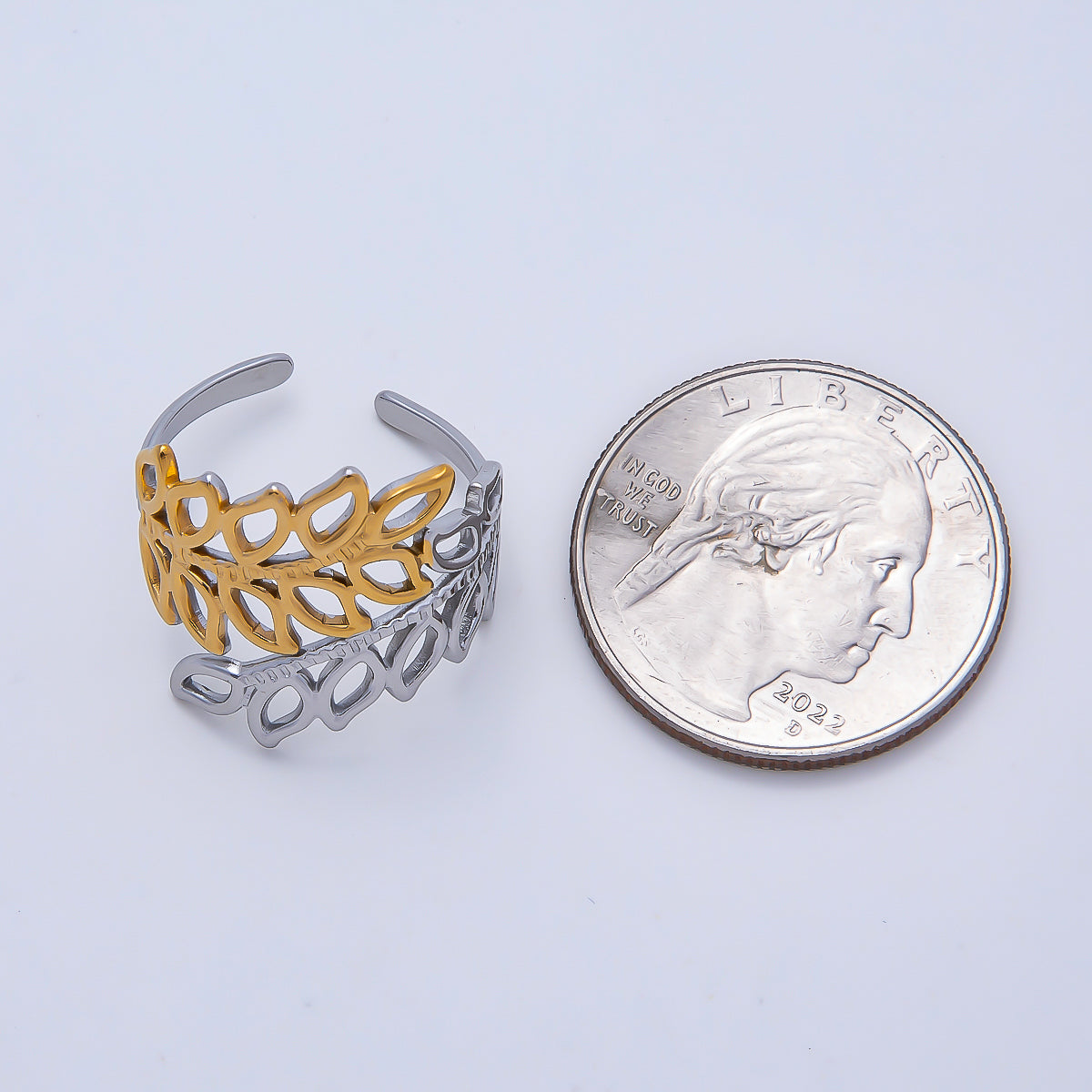 Stainless Steel Mixed Metal Natural Olive Leaf Open Wide Ring | Rings-00178