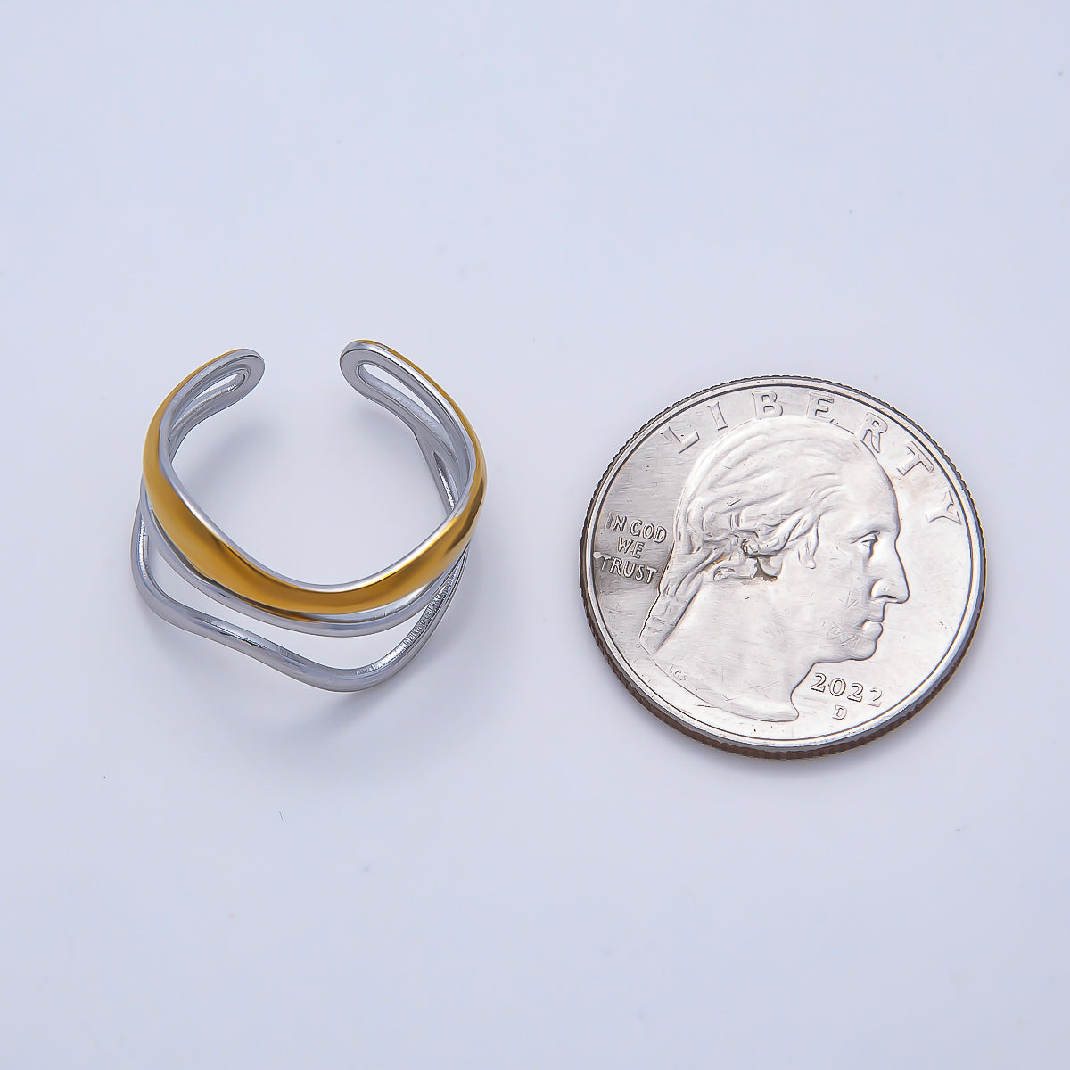 Stainless Steel Mixed Metal Curved Wave Triple Band Ring | Rings-00183