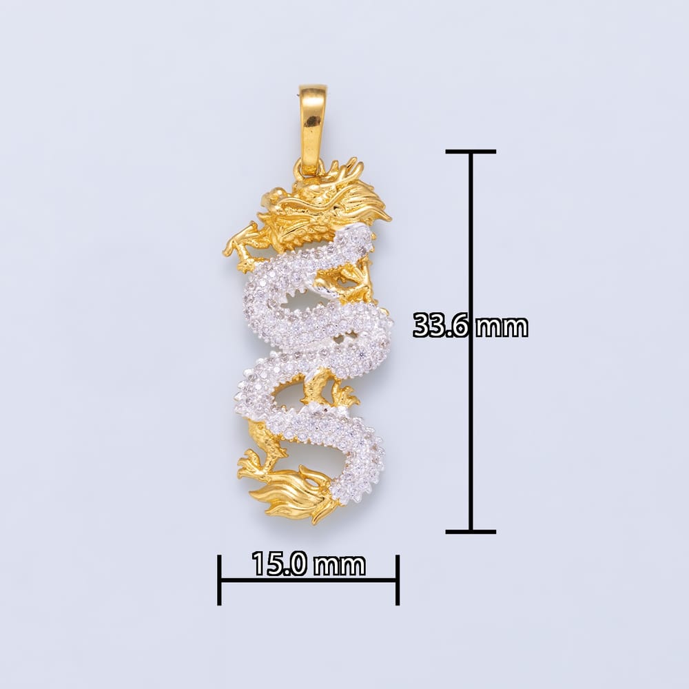 16K Gold Filled 34mm Mixed Metal Micro Paved CZ Dragon Pendant | Charms-02470