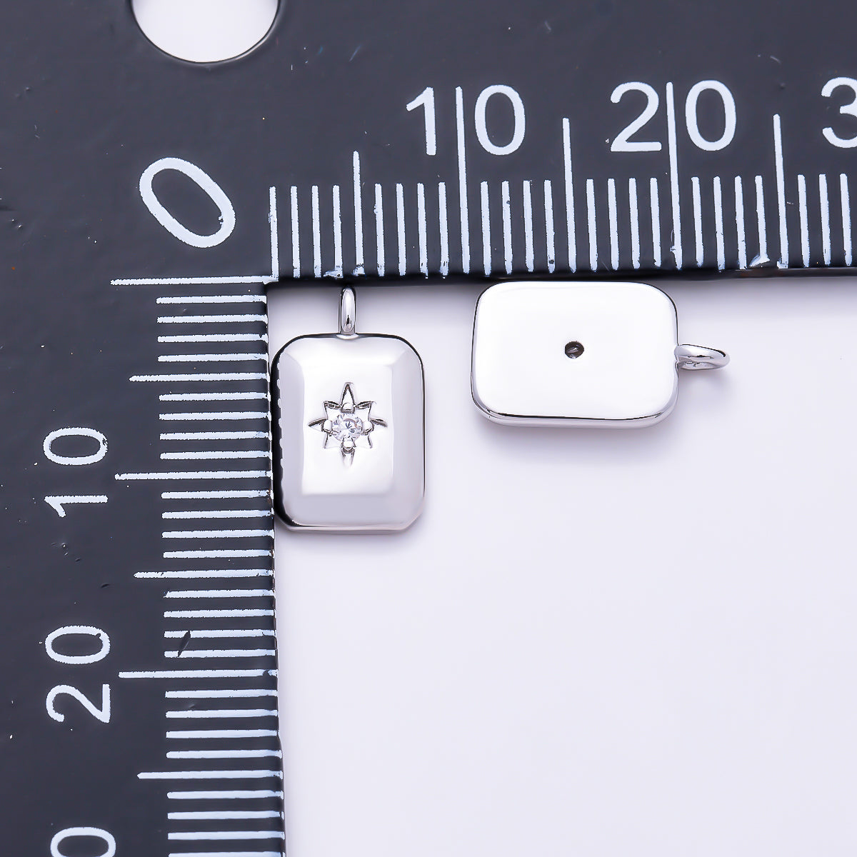 Silver 12mm Rectangular Round Starburst CZ Medallion Charm | Charms-01524