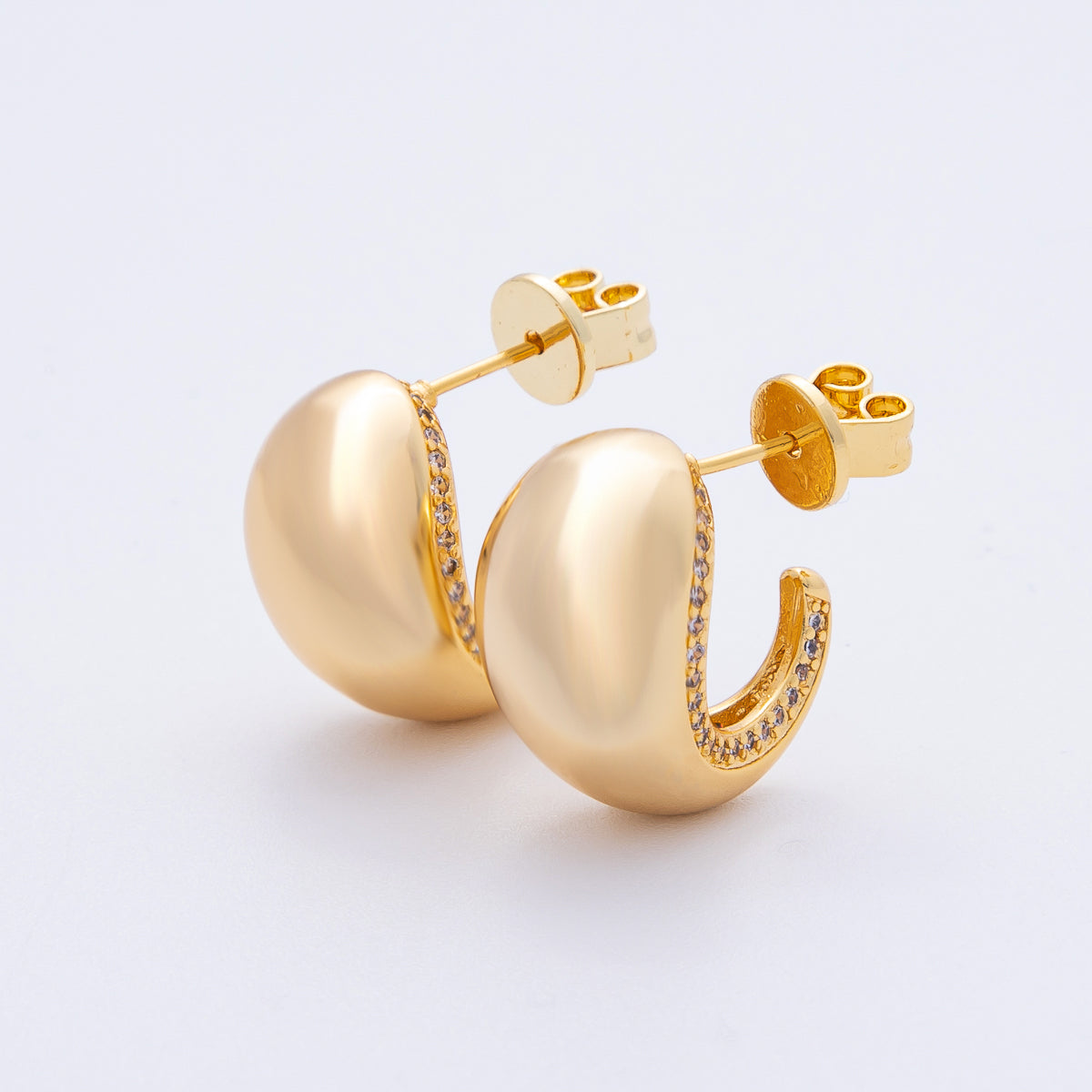 18K Gold Filled 17.5mm Teardrop Micro Paved CZ Dome J-Shaped Hoop Earrings | T009