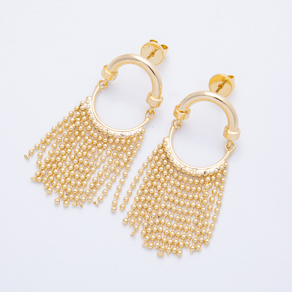 18K Gold Filled 45mm Bead Ball Chain Tassel Geometric Drop Stud Earrings | T066