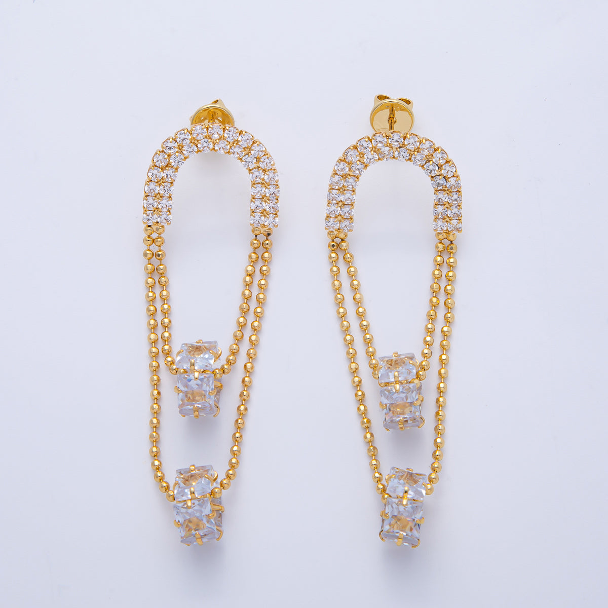 18K Gold Filled 63mm Clear CZ Micro Paved Bead Geometric Drop Stud Earrings | T069