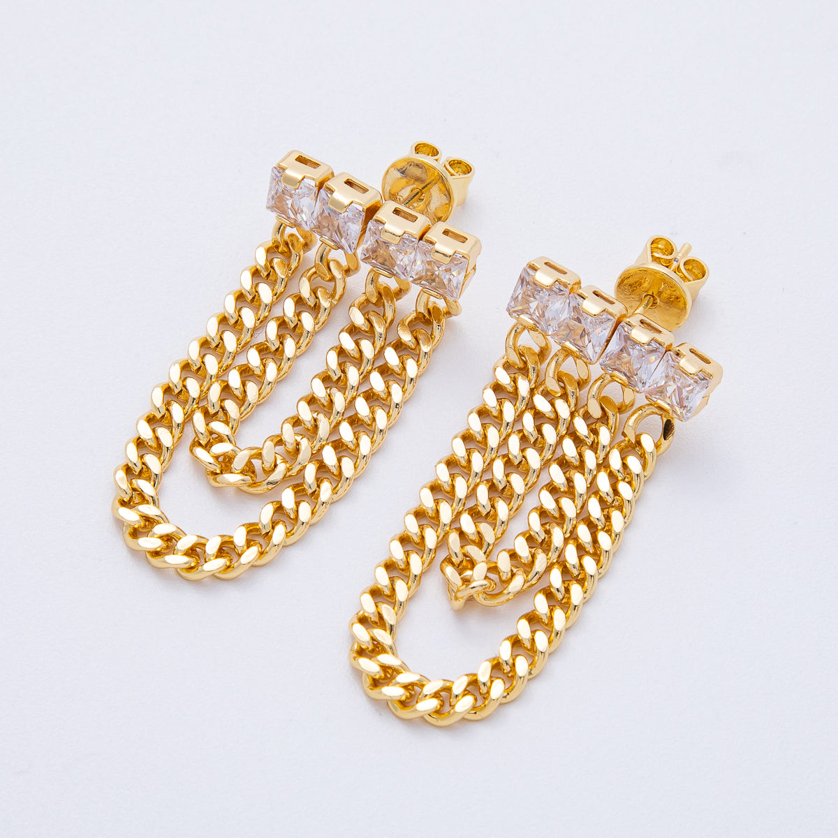 18K Gold Filled 40mm Clear Baguette CZ Curb Chain Drop Stud Earrings | T119