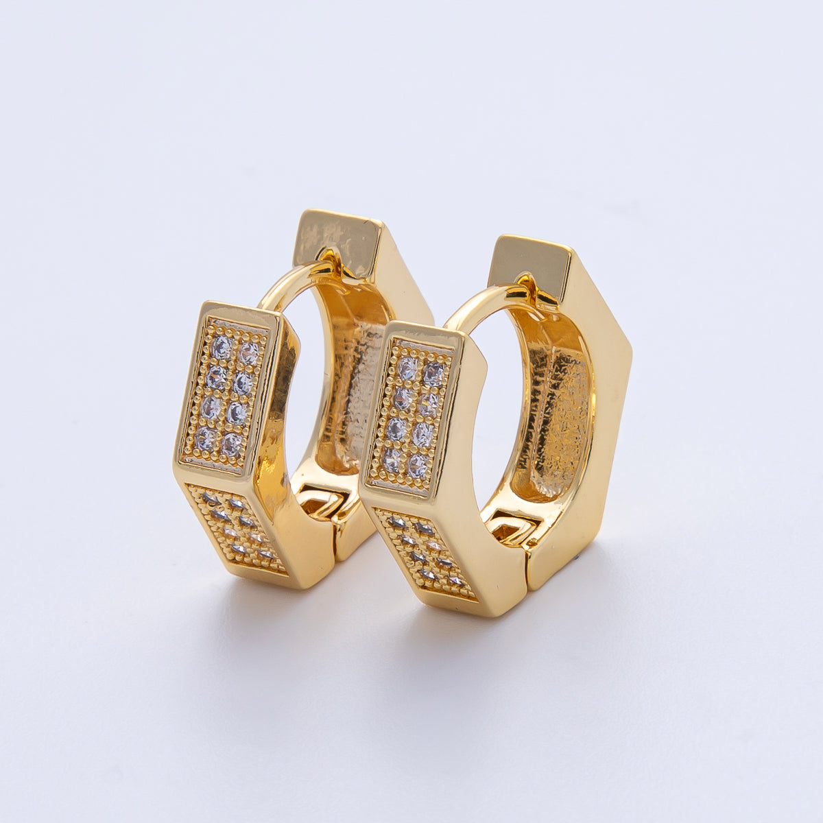 18K Gold Filled 15mm Micro Paved CZ Hexagon Cartilage Huggie Earrings | T341