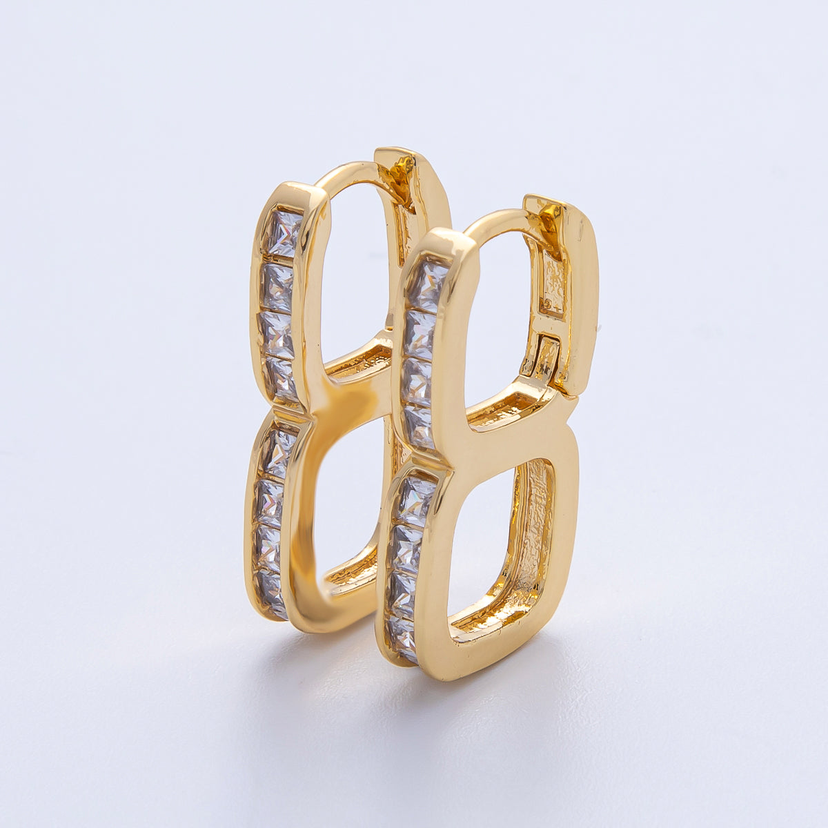 18K Gold Filled 22mm Clear Baguette CZ Double Square Drop Huggie Earrings | T479