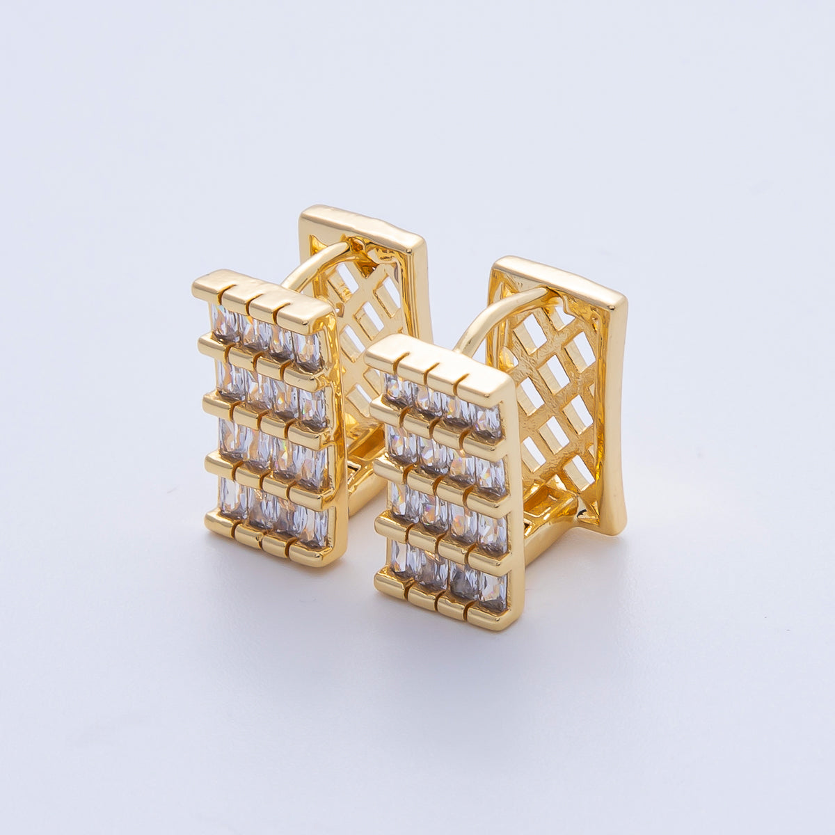 18K Gold Filled 14mm Baguette CZ Wide Rectangular Filigree Cartilage Hoop Earrings | T480