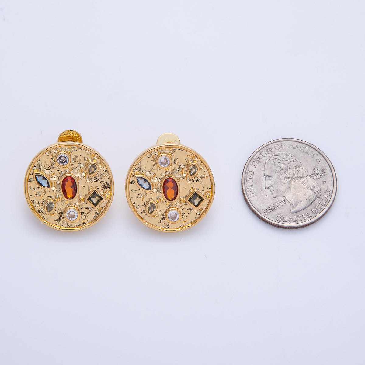 18K Gold Filled 22.3mm Multicolor CZ Hammered Round Stud Earrings | T489
