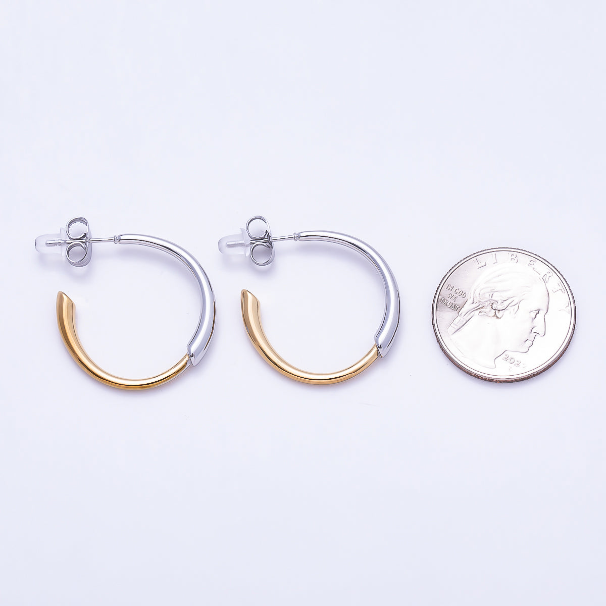 Stainless Steel Two Tone PVD 33.5mm Minimalist C-Shaped Hoop | Earrings-00732