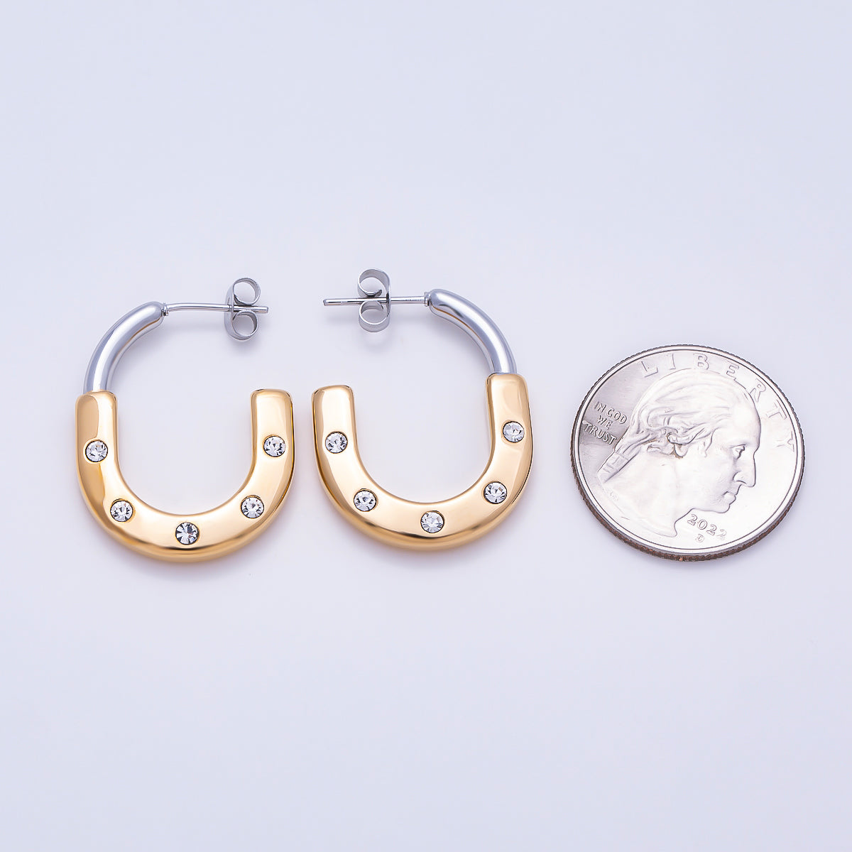 Stainless Steel 29mm Clear CZ Dotted Mixed Metal J-Shaped Hoop | Earrings-00714