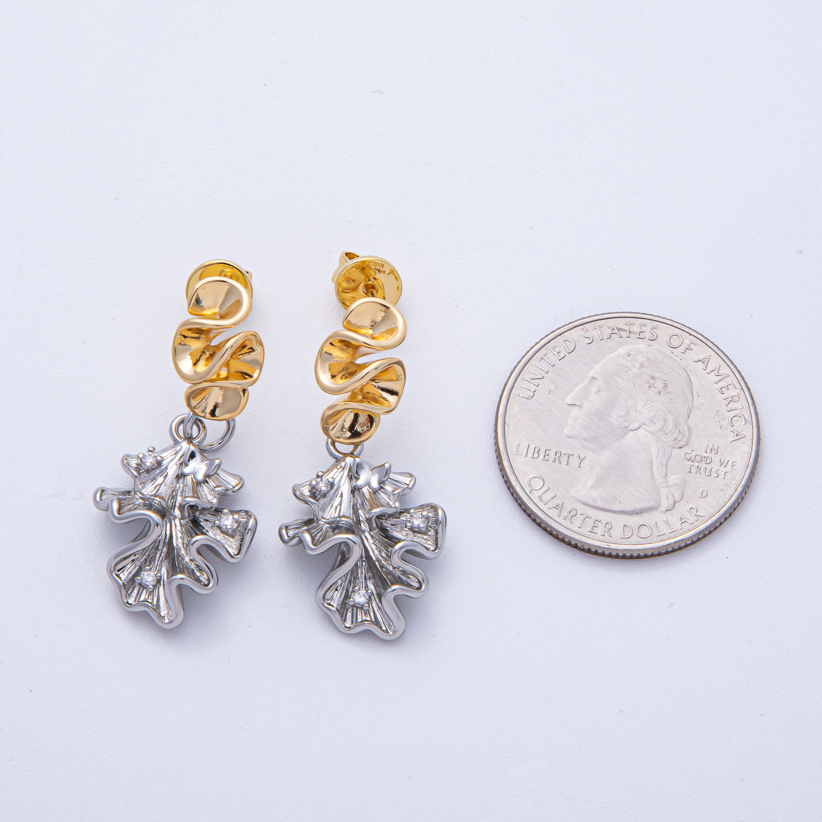 18K Gold Filled CZ Geometric Foil Mixed Metal Drop Stud Earrings | AD1674 AD1675