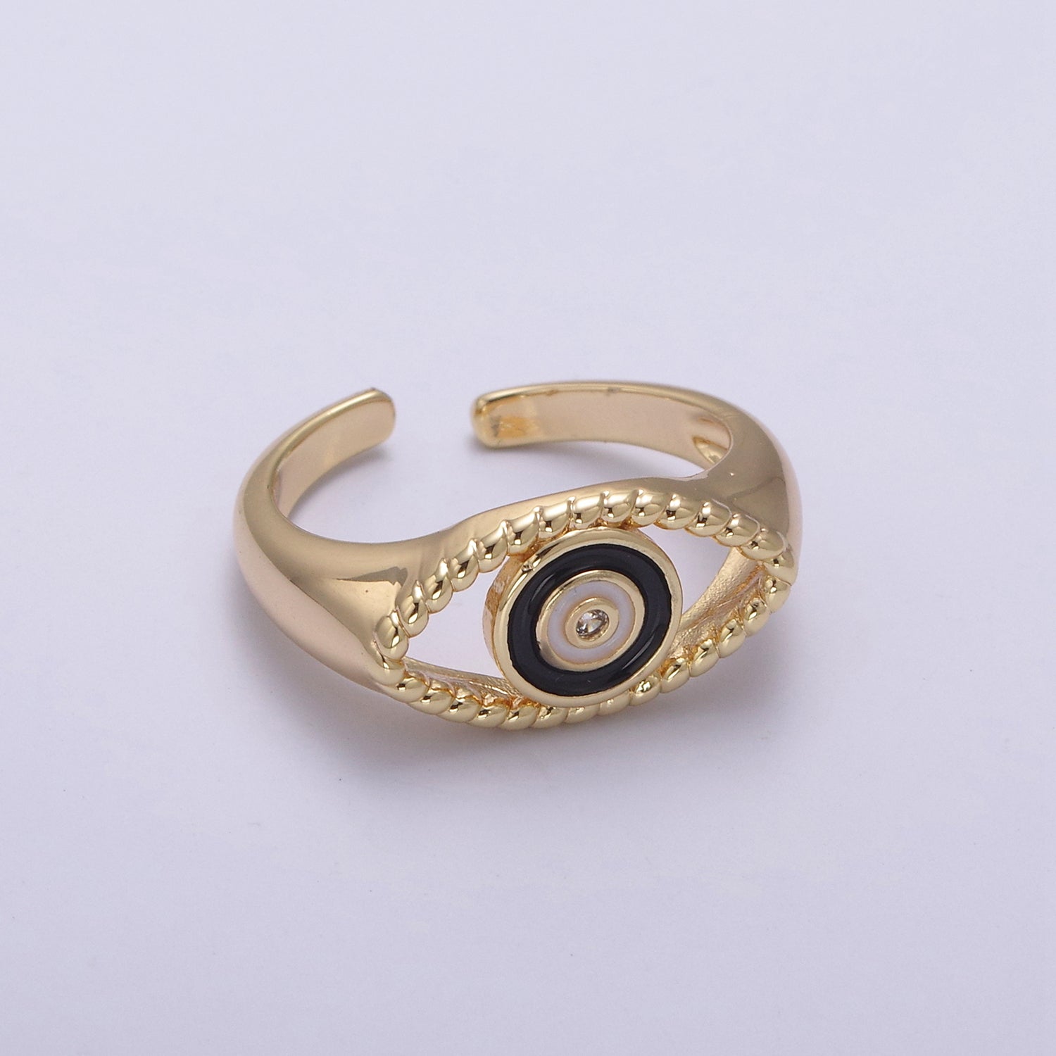 24K Gold Filled Blue, White, Black, Pink Enamel CZ Open Evil Eye Signet Ring | U254 - U257