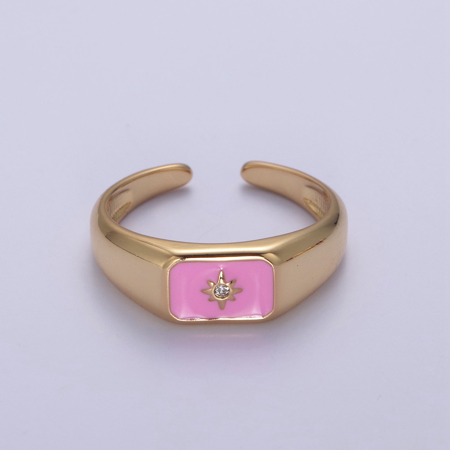 24K Gold Filled Black, Pink, Red, Purple Enamel CZ North Star Rectangle Signet Ring | U509 - U513