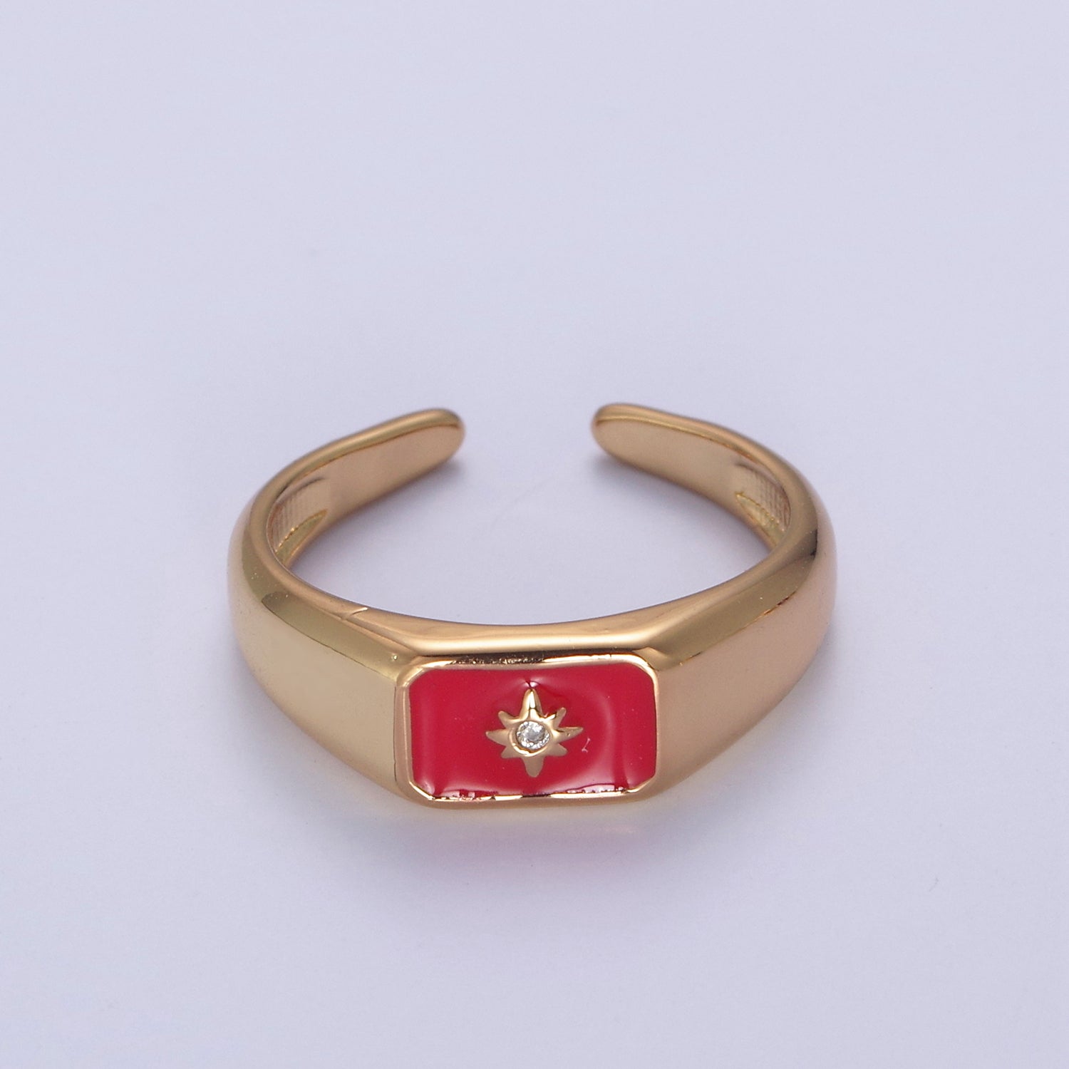 24K Gold Filled Black, Pink, Red, Purple Enamel CZ North Star Rectangle Signet Ring | U509 - U513
