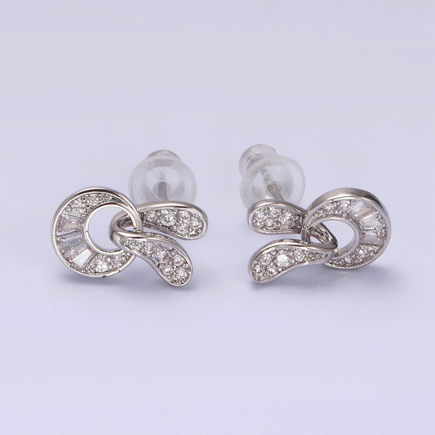 14K Gold Filled Open Geometric Baguette Micro Paved CZ Stud Earrings in Gold & Silver | V276 V277 - DLUXCA