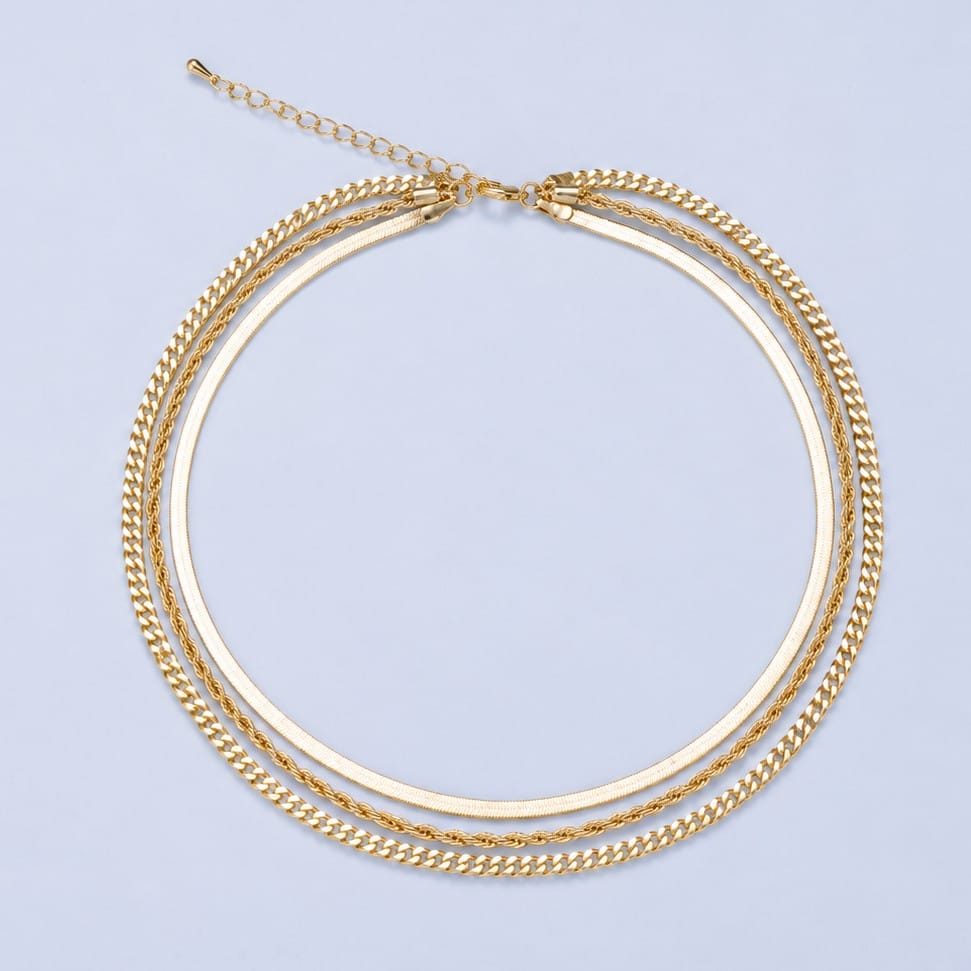 16K Gold Filled 3mm Herringbone, Rope, Curb Chain Triple Layer 18 Inch Necklace | WA-00708