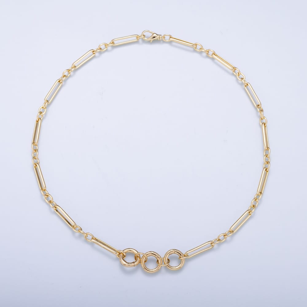 16K Gold Filled 5mm Triple Push Gate Charm Connector Holder Ring Paperclip Chain 19 Inch Necklace | WA-02284