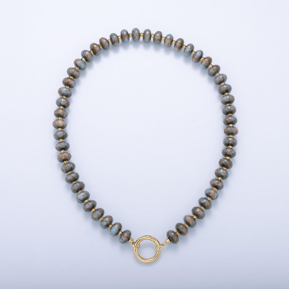 16K Gold Filled 10mm Grey, Blue Agate Rondelle Push Gate Charm Connector Holder Ring Gemstone Chain 17 Inch Necklace | WA-02291 WA-02292