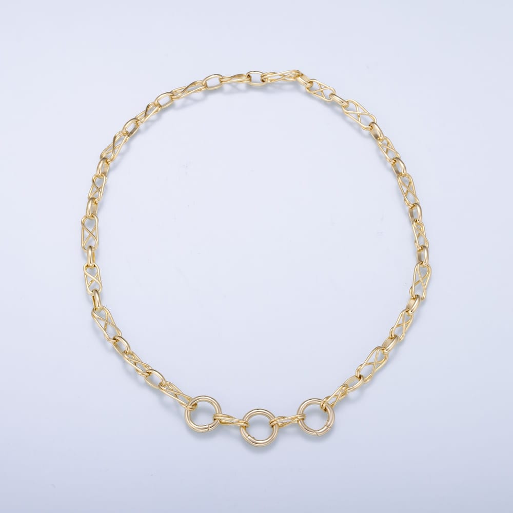 16K Gold Filled 5mm Triple Push Gate Charm Connector Holder Ring Geometric Chain 19 Inch Necklace | WA-02328