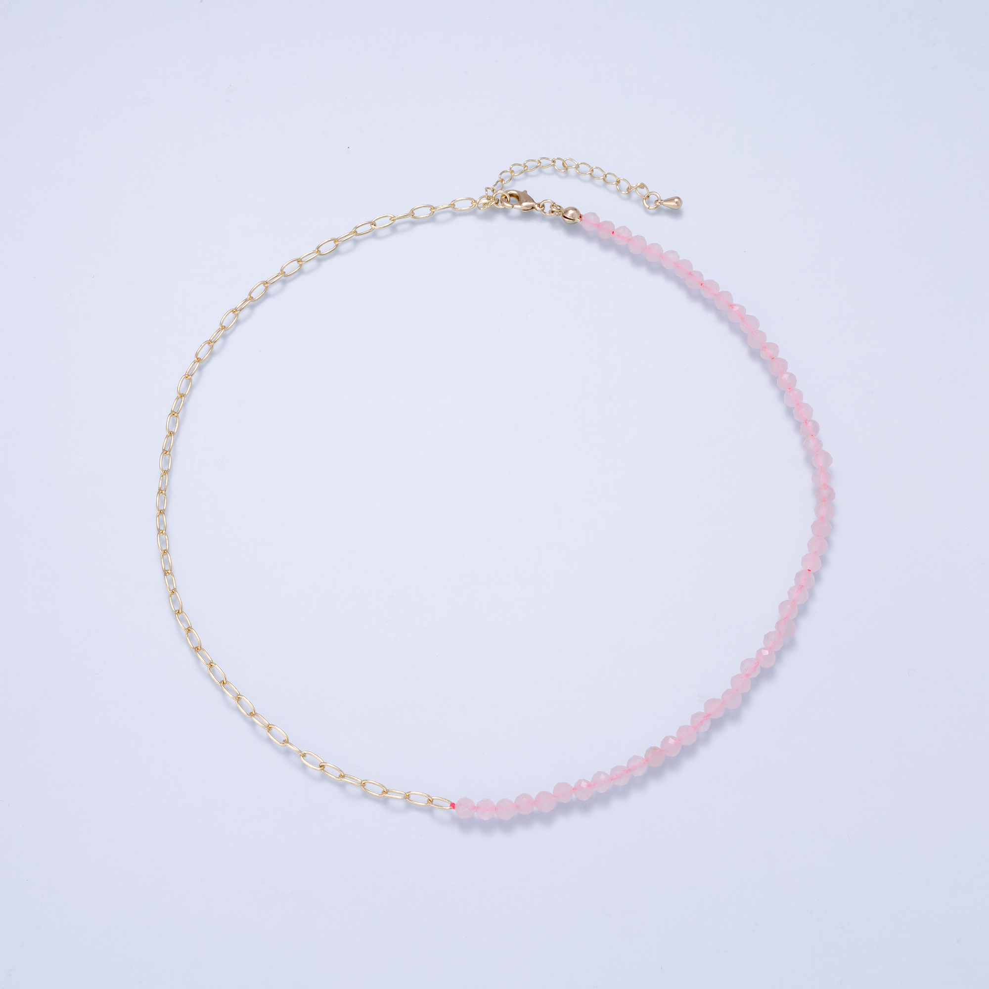 16K Gold Filled 4mm Rose Quartz Paperclip Gemstone Chain 16.5 Inch Necklace | WA-02936