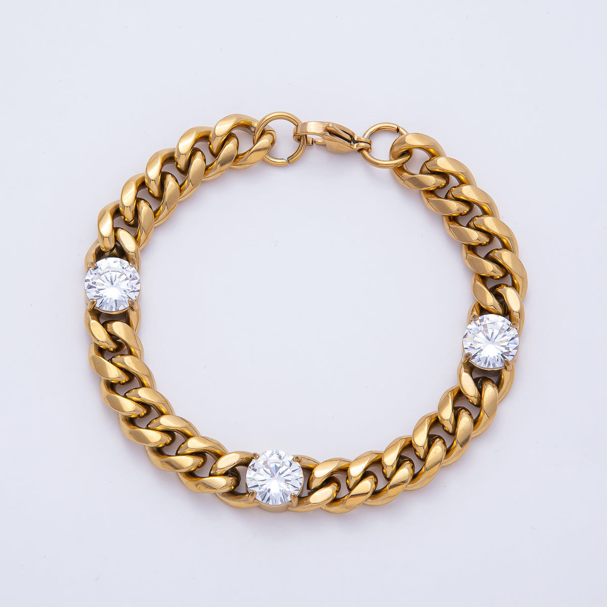 Gold Stainless Steel 10.5mm Triple CZ Curb Chain 8.66 Inch Bracelet | WA-04160