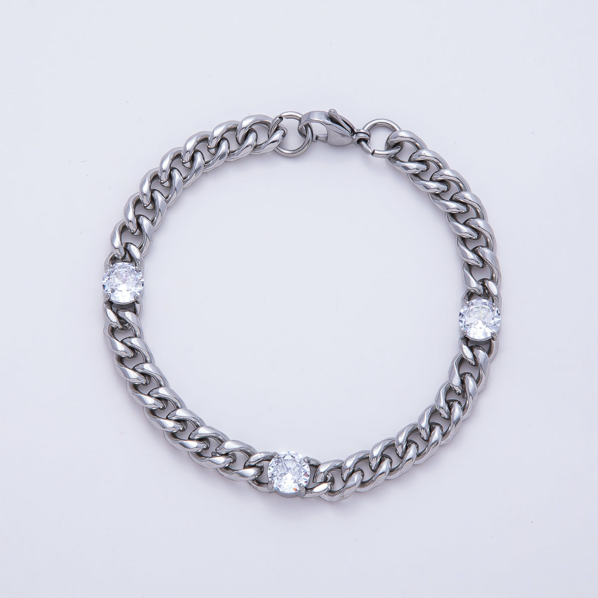 Silver Stainless Steel 8mm Triple CZ Curb Chain 8.66 Inch Bracelet | WA-04161