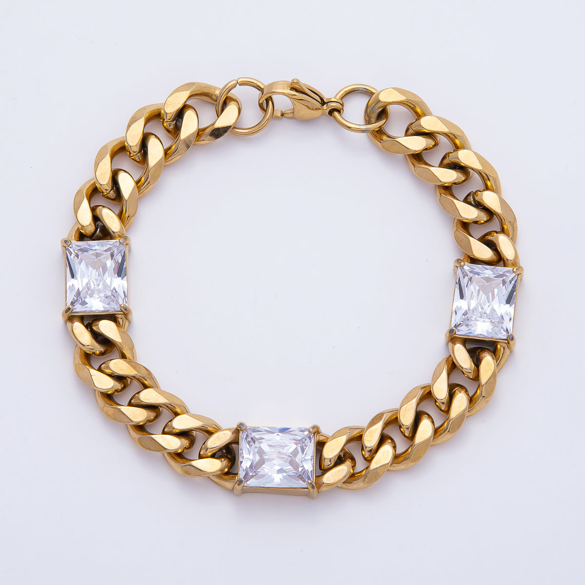 Gold Stainless Steel 10.5mm Triple Baguette CZ Curb Chain 8.46 Inch Bracelet | WA-04163