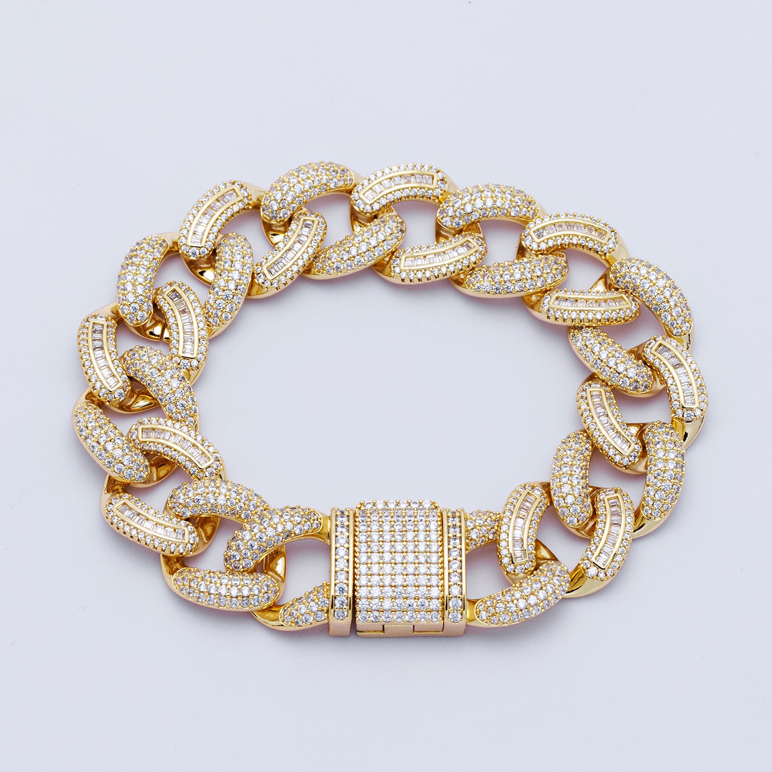 16K Gold Filled 16mm Baguette Micro Paved CZ Curb Chain 7.3 Inch Bracelet | WA-04164